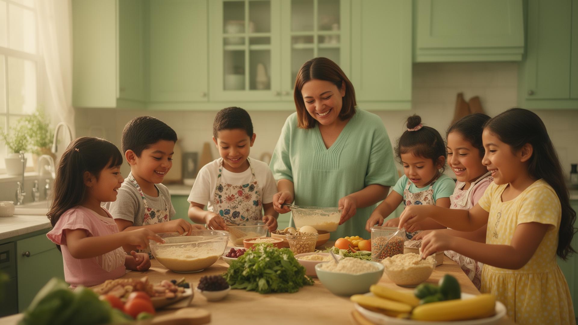 Familia mexicana cocinando juntos comida sin gluten en una cocina luminosa