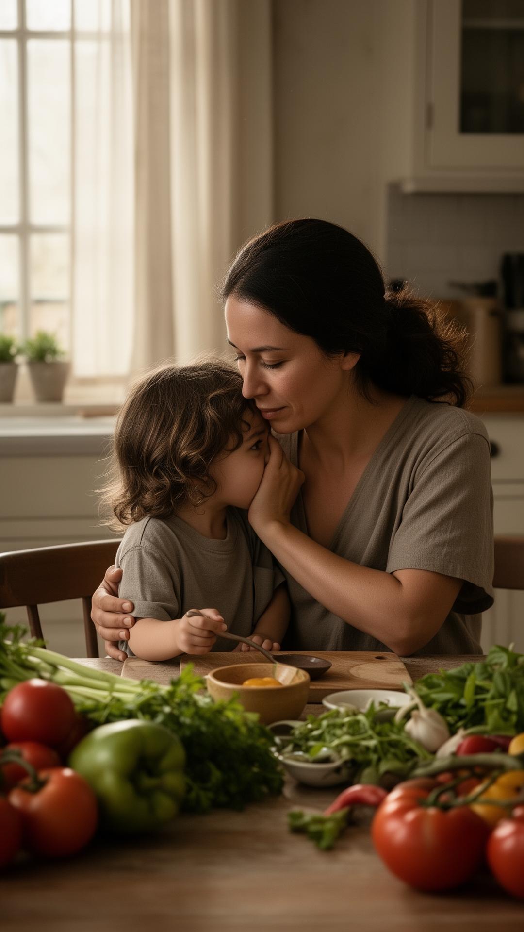 Madre e hijo en un momento íntimo en la cocina